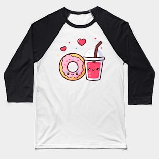 Kawaii Donut and Strawberry Drink with Hearts | Cute Food Art in Kawaii Style Baseball T-Shirt